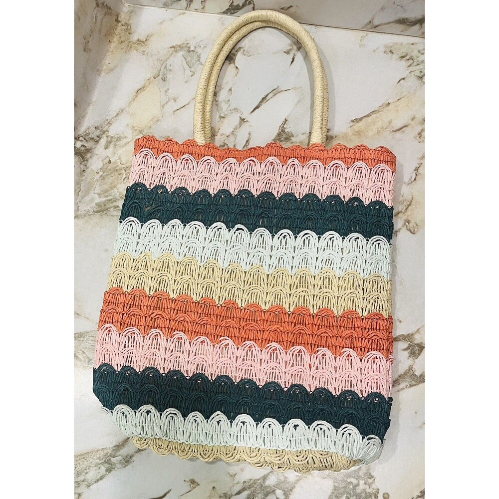 Art Class Woven Straw Tote Beach Bag Multicolor Summer Shopper Lined